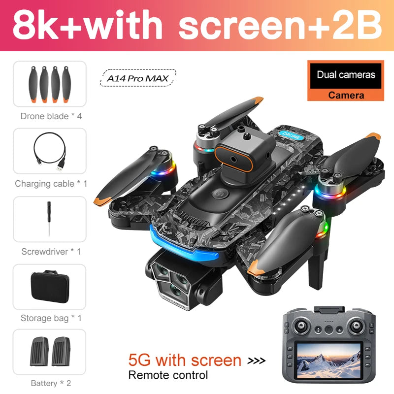 A14 PRO MAX 8K Drone – GPS + 3 Batteries + 60min Flight Time